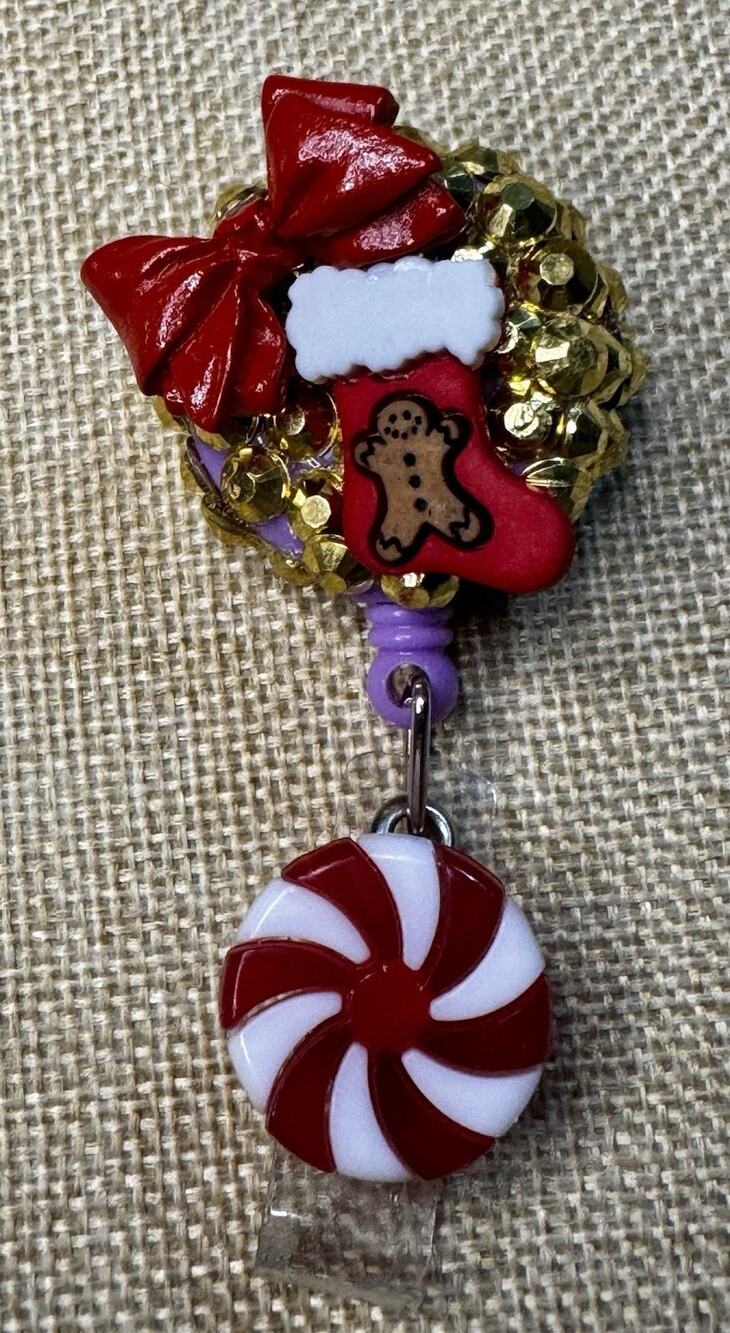 Christmas Stockings and Bow Retractable Badge Reel Handmade ID Holder
